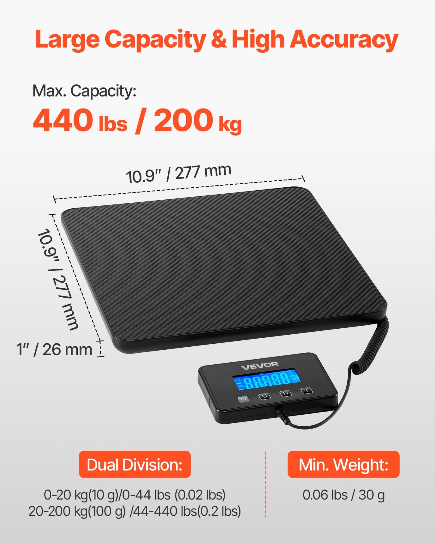 Digital Postal Scale, 0.35 Oz/3.5 Oz Dual Accuracy, 440 Lbs Commercial Weight Scale With Hold/Tare Function & LCD Display, Fit For Packages, Postage, Luggage, Battery & Charging Cable Included