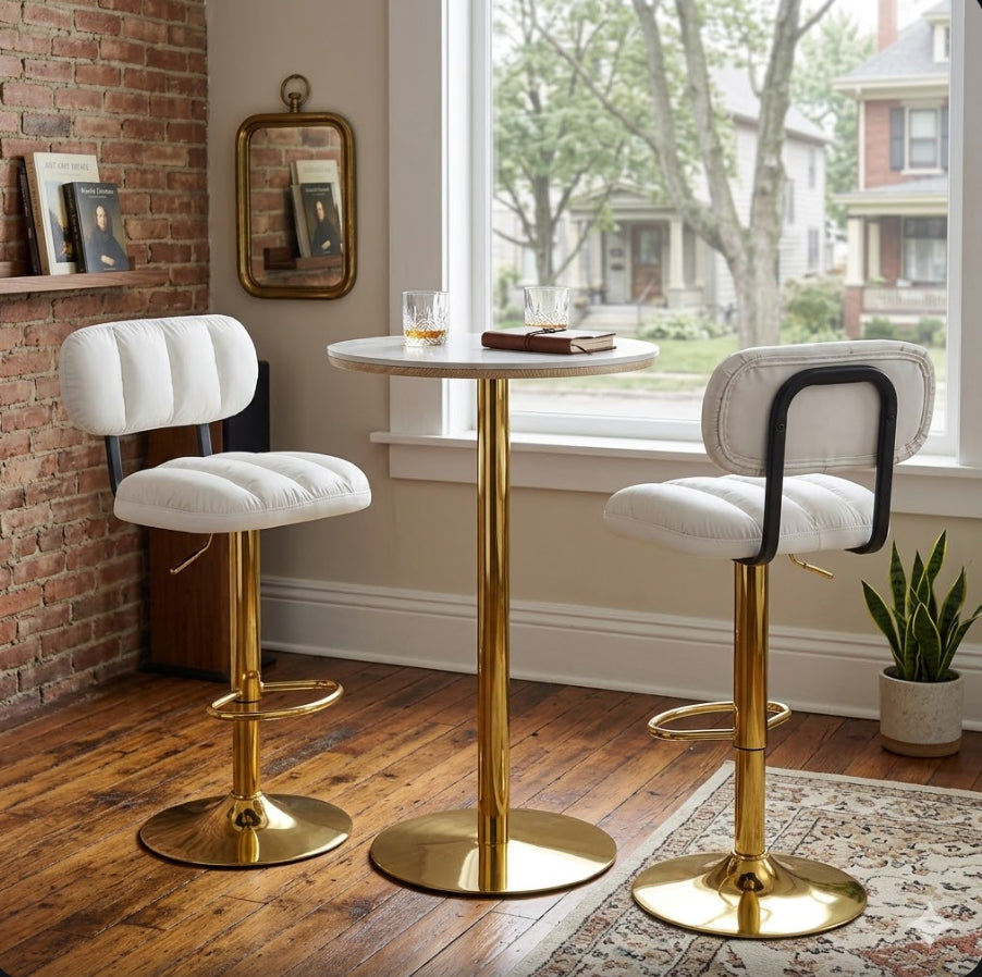 Set Of 2 Adjustable Height Bar Stools, White PU Leather Upholstered Seating With Gold Metal Base & Footrest, Luxe Glam Stools For Kitchen Island, Home Bar, Living Room
