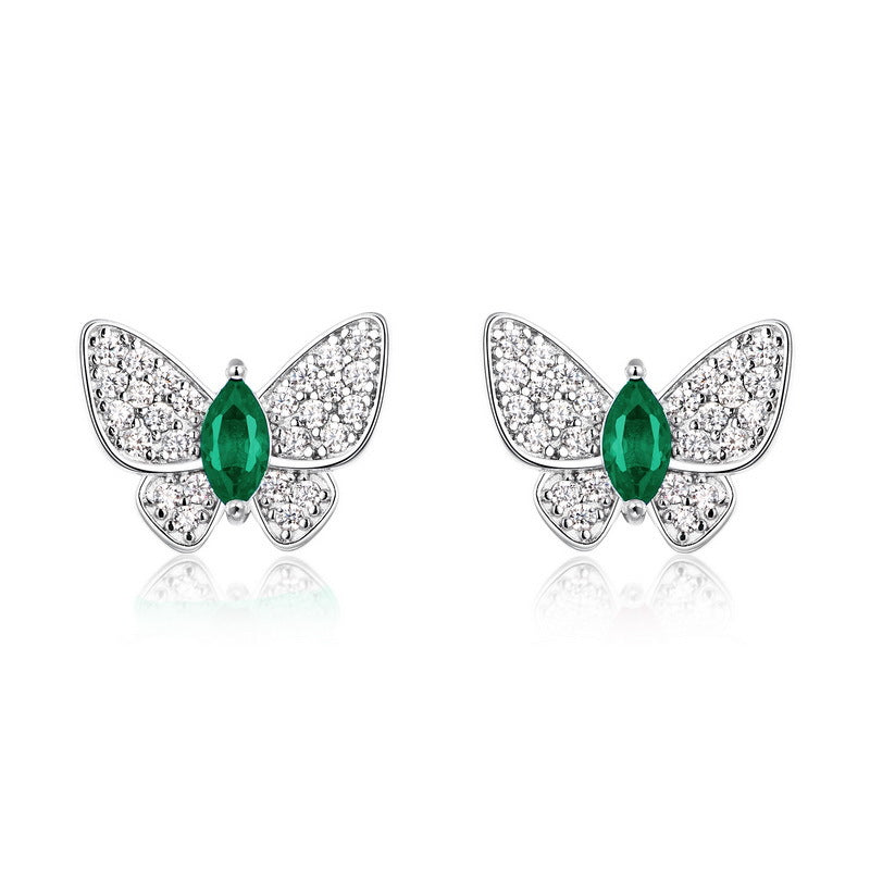 S925 Sterling Silver Butterfly Stud Earrings, 5x2.5mm Marquise Lab-Grown Ruby Sapphire Emerald, Platinum Plated 1.7g Fine Jewelry Gift Box