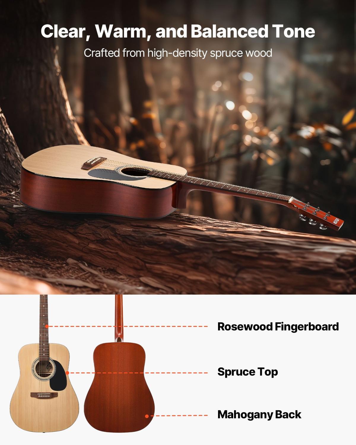 Dreadnought Acoustic Guitar, 41 In, 6-String Natural Solid Spruce Top Guitar, Beginner Bundle With Gig Bag, Tuner, Strap, Strings, Picks, Capo, Rosewood Fingerboard, For Adults Taller Players