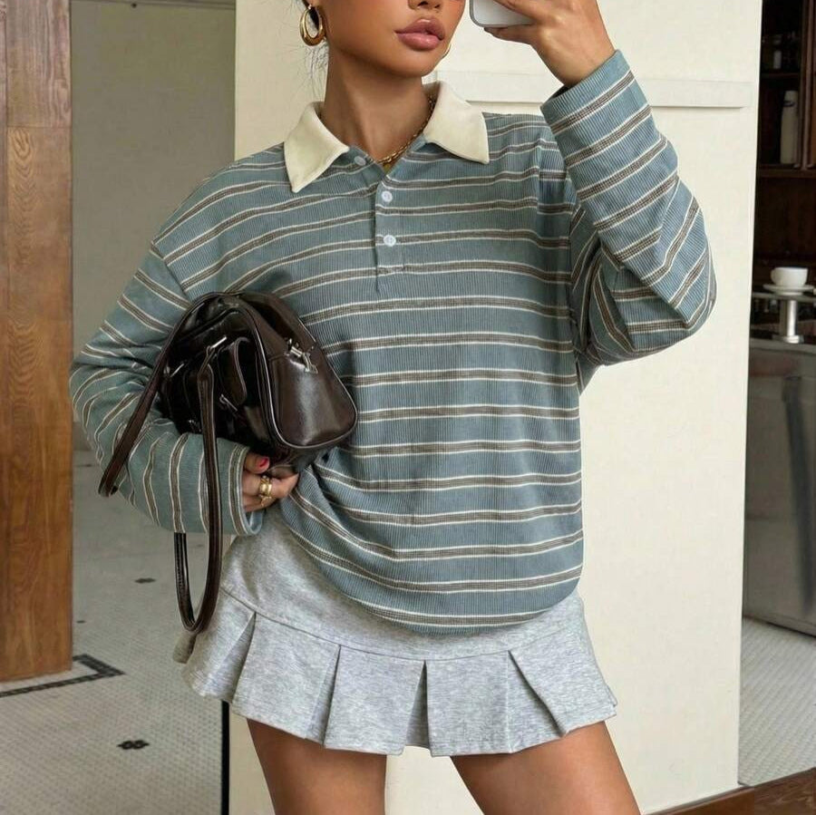 New FallWinter Womens Striped Casual Sweatshirt With Buttons And A Polo Neck
