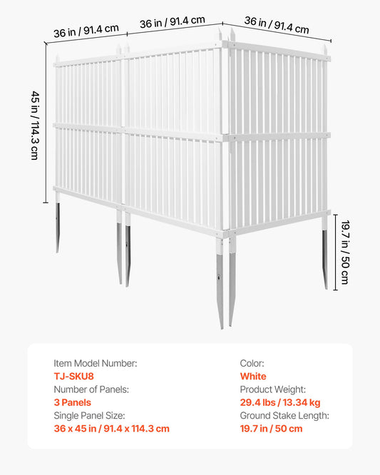 3 Panels Outdoor Privacy Screen, 36 X 45 In Air Conditioner Fence With 19.7 In Ground Stakes, Pool Equipment Enclosure, Strip Vinyl Privacy Fence, Ideal For Trash Can And A/C Units, White