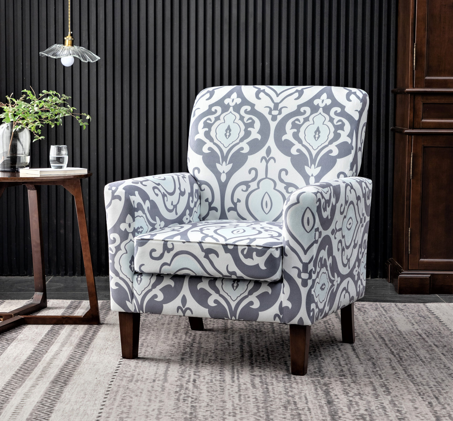 Patterned Polyester Blend Armchair, Solid Birch Wood Frame With Brown Tapered Legs, Foam Padded Accent Chair With Trim Detail For Living Room Office