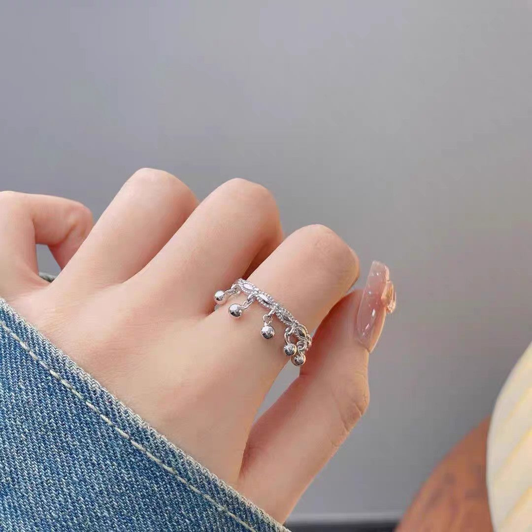 1pc 999 Sterling Silver Filigree Beaded Tassel Open Ring, Sweet & Elegant, Perfect For Daily, Dating & Gifting, Ideal Valentine's Gift