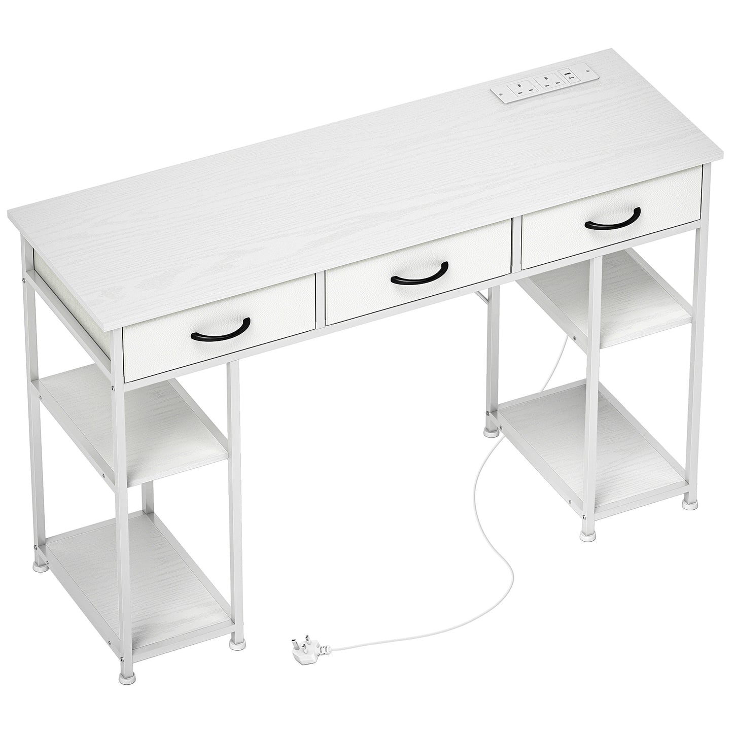 120cm Computer Desk With Power Outlets, Office Desk Study Table With 3 Fabric Drawers And 4 Storage Shelves, White