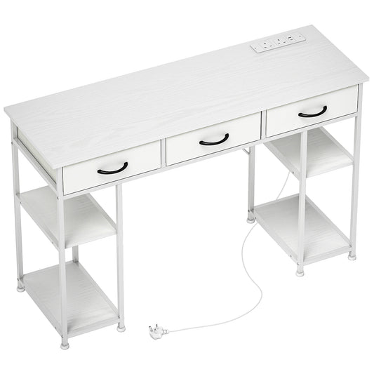120cm Computer Desk With Power Outlets, Office Desk Study Table With 3 Fabric Drawers And 4 Storage Shelves, White