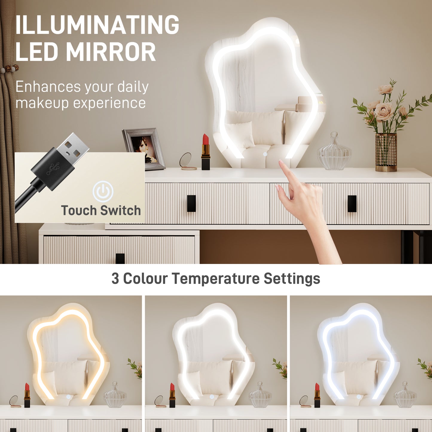 Dressing Table, Vanity Desk With Leaf Shape Mirror, Makeup Table With 5 Drawers, 3-Colour LED Lights, 100x40cm Tabletop, White