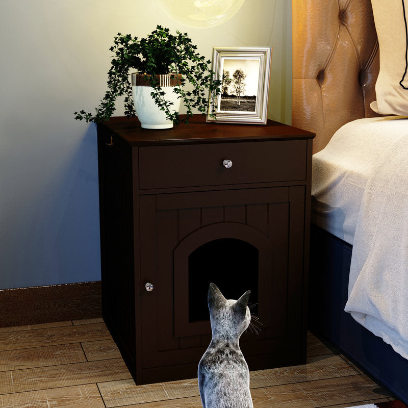 Black Wooden Cat Litter Box Enclosure W Drawer & Side Table, Indoor Pet Crate Nightstand For Home