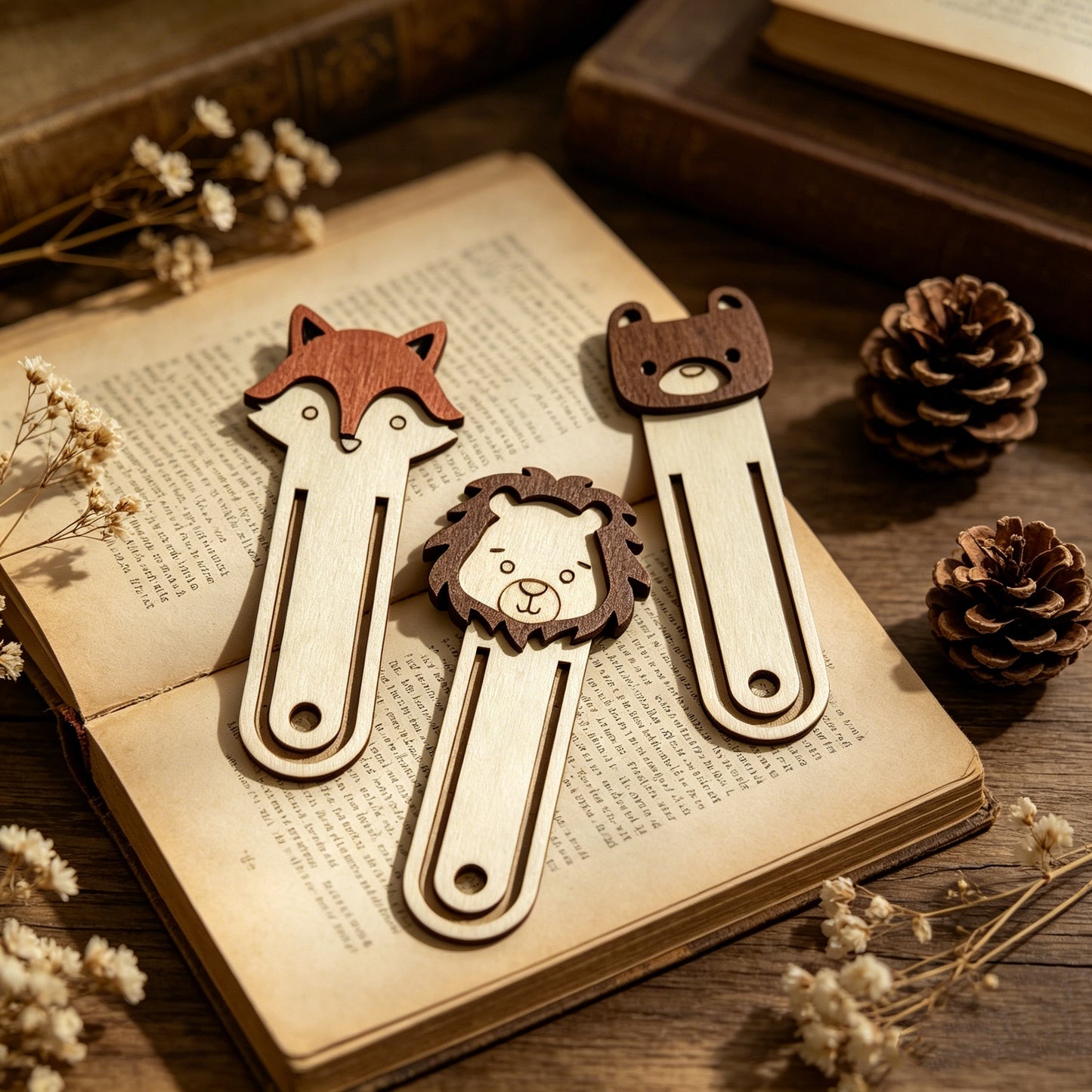 Retro Log Animal Bookmark Fox Bear Lion Three-dimensional Wooden Clip Student Reading Stationery Holiday Gift