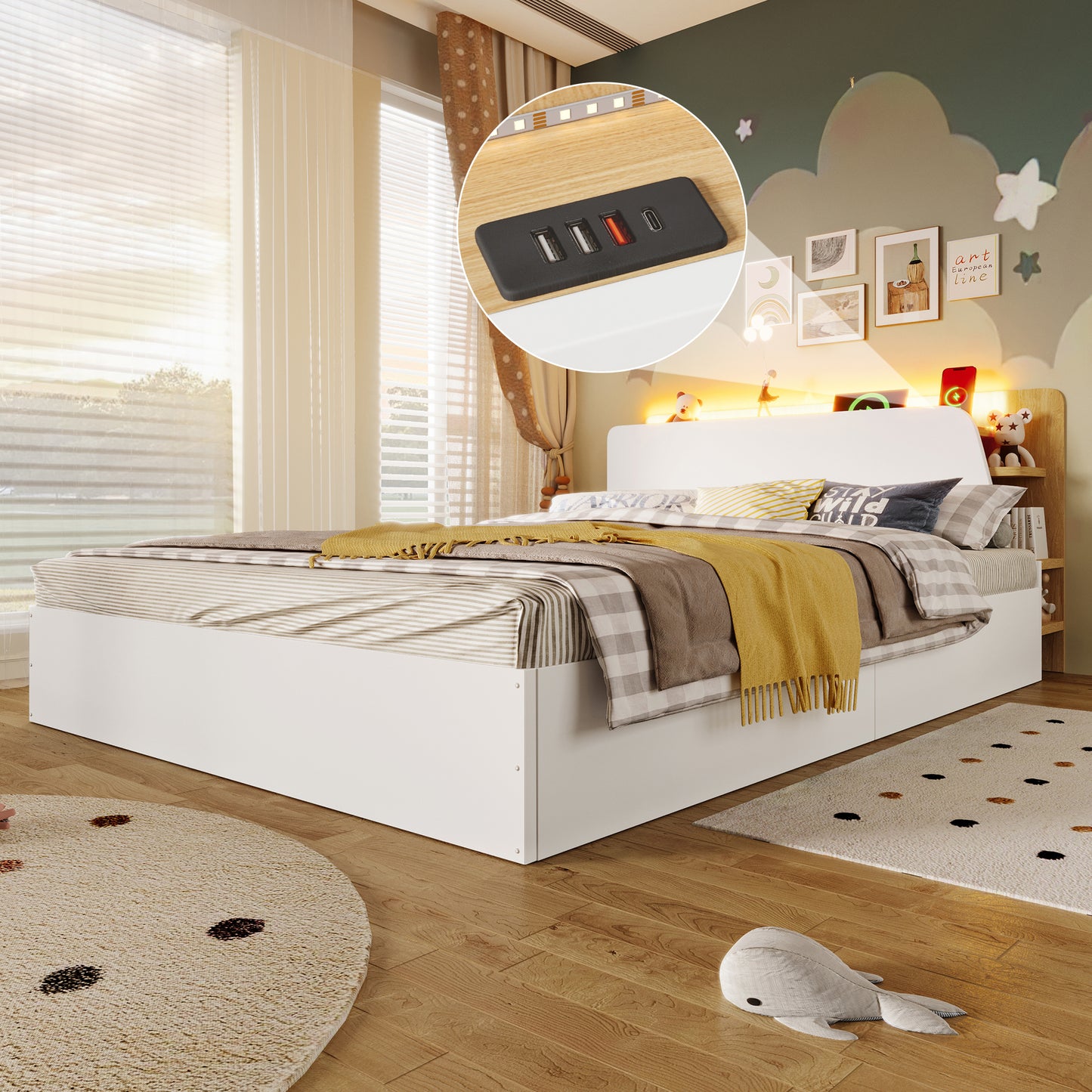 Panel Bed, 140x200cm, Hydraulic, With USB Type-C Charging, LED Lighting, Push-button App, Without Mattress, Multifunctional Storage, White  Natural