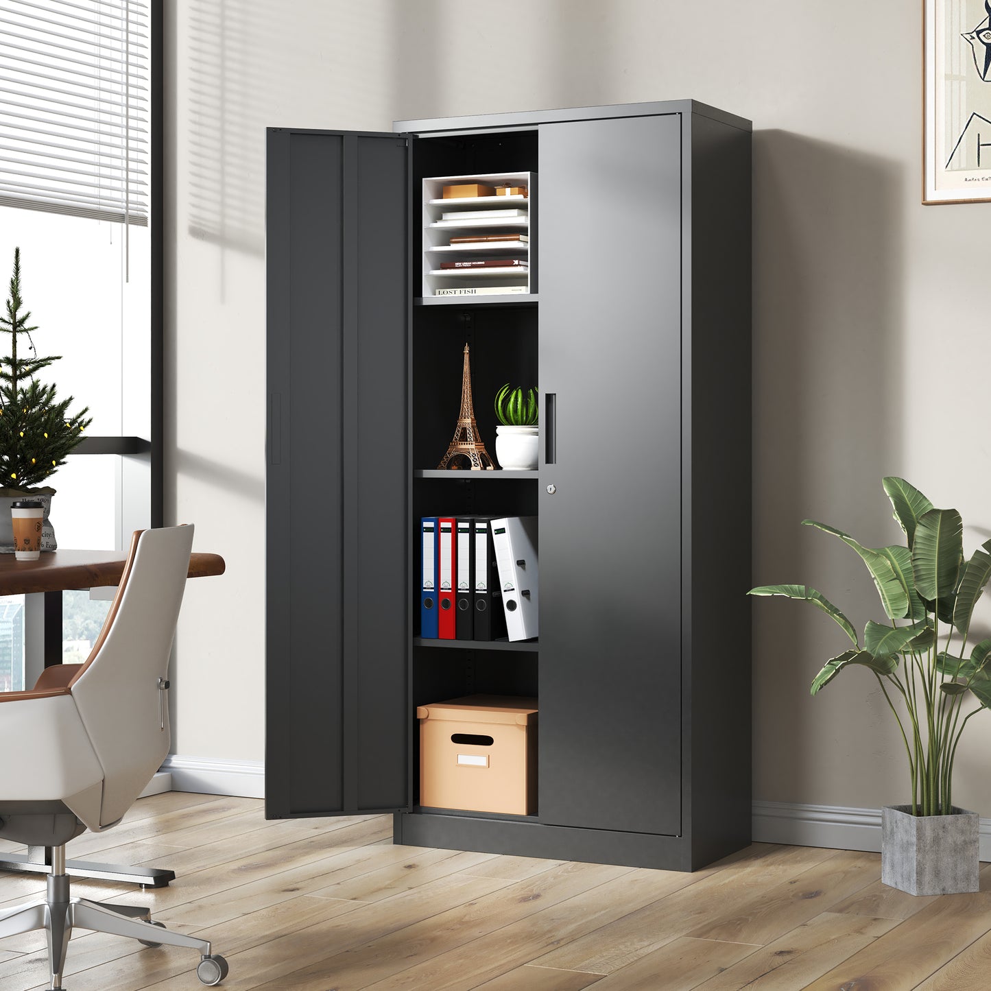 71 H Metal Garage Storage Cabinet, Black Tool Steel Locking Cabinet With Doors And 3 Shelves, Tall Cabinets For Garage Storage Systems Lockable File Cabinet For Home Office, Classroom Pantry