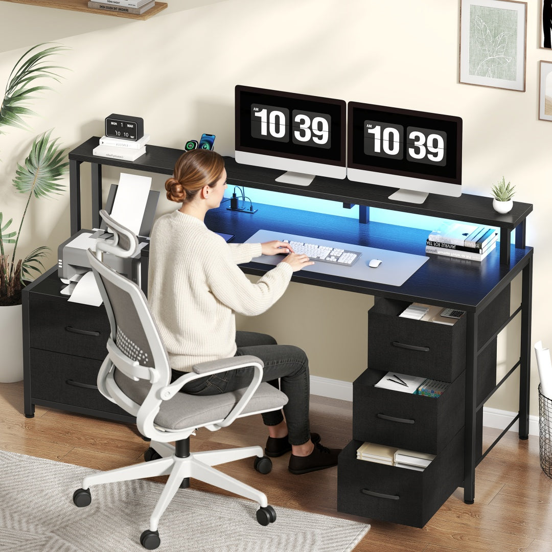 67-inch Computer Desk, Equipped With 5 Drawers And A Monitor Stand. The Gaming Table Comes With LED Lights And Power Sockets. The Printer Cabinet.