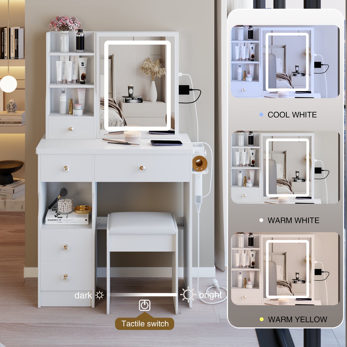 29.2 Small Size Drawer Desktop Vanity Table  Cushioned Stool, 2 AC-2 USB Power Station, Hair Dryer Bracket, Extra Large Touch Control Sliding LED Mirror, 3-color Switching, EPA, GCC, UL Certificate