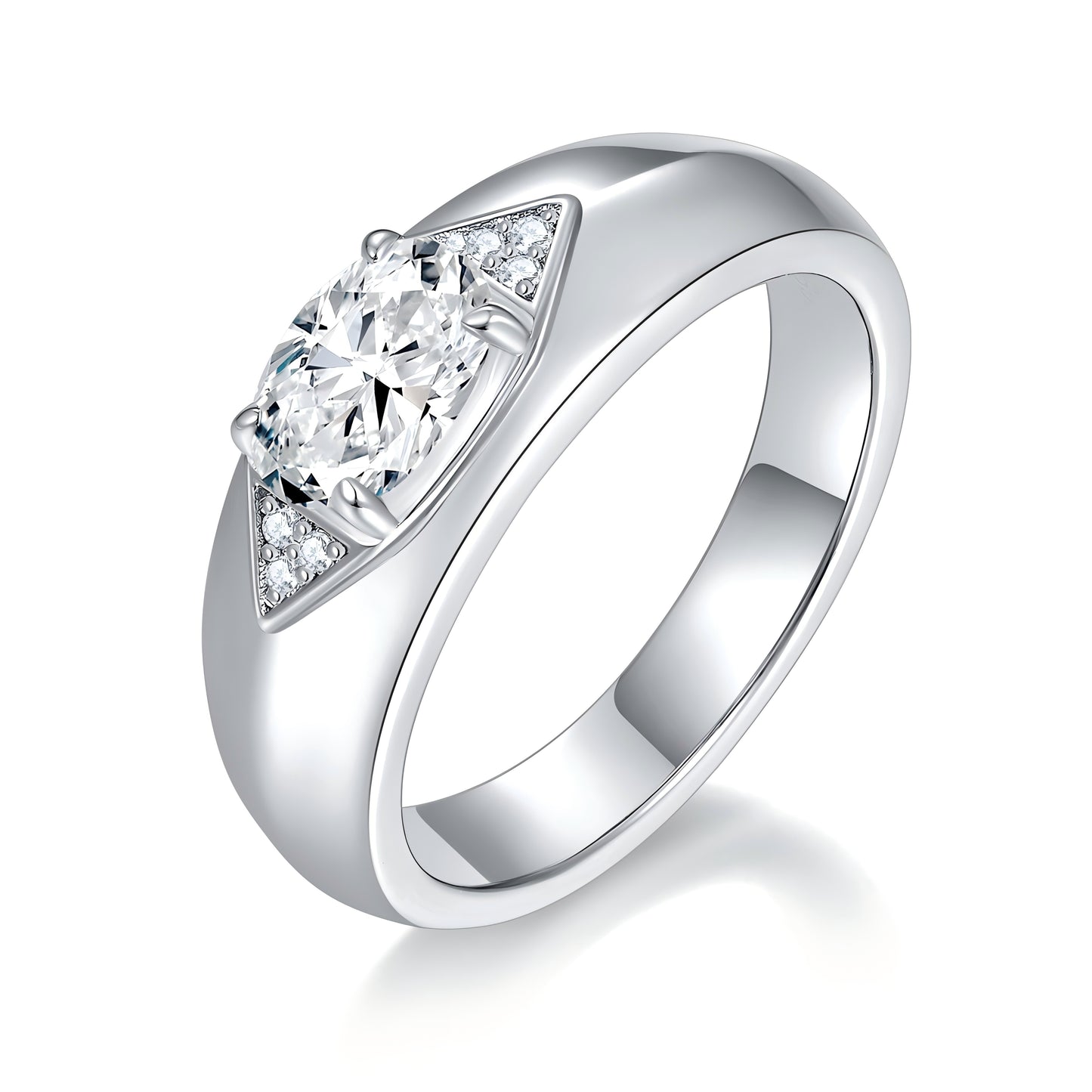 S925 Sterling Silver 1ct Marquise Moissanite Men's Ring, Wide Band With Pave Accents, Platinum Plated, US Sizes 5-9, GRA Certificate Gift Box