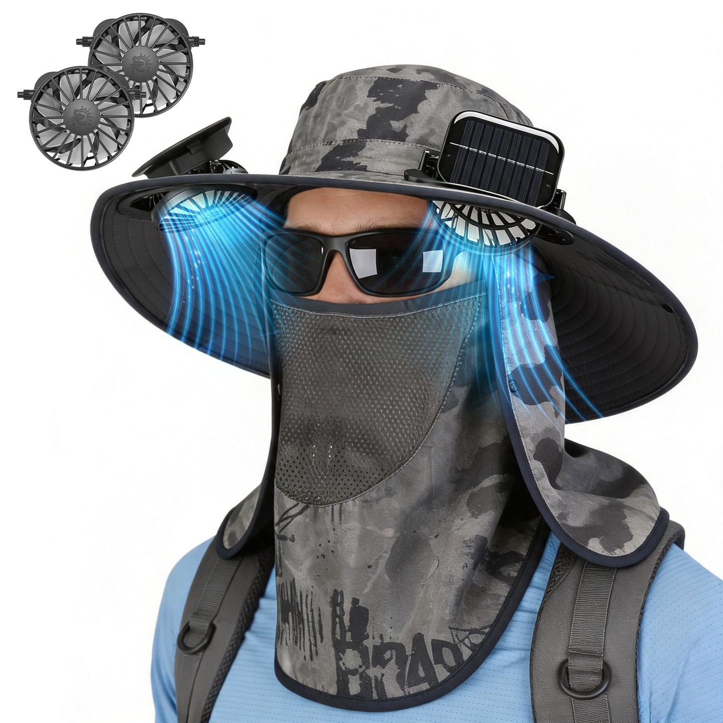 1Pc 2 In 1 Solar Fan Hat UPF50 Sun Hat With Fans Wide Brim Fishing Hat With Face Cover Neck Flap Solar USB Charging For Hiking Gardening Outdoor Work
