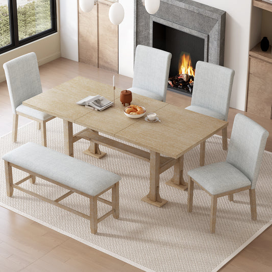 TOPMAX Farmhouse 76inch 6-Piece Extendable Dining Table Set Trestle Kitchen Table Set With 18inch Removable Leaf And Upholstered Dining Chair And Bench For Dining Room, Natural Light Gray