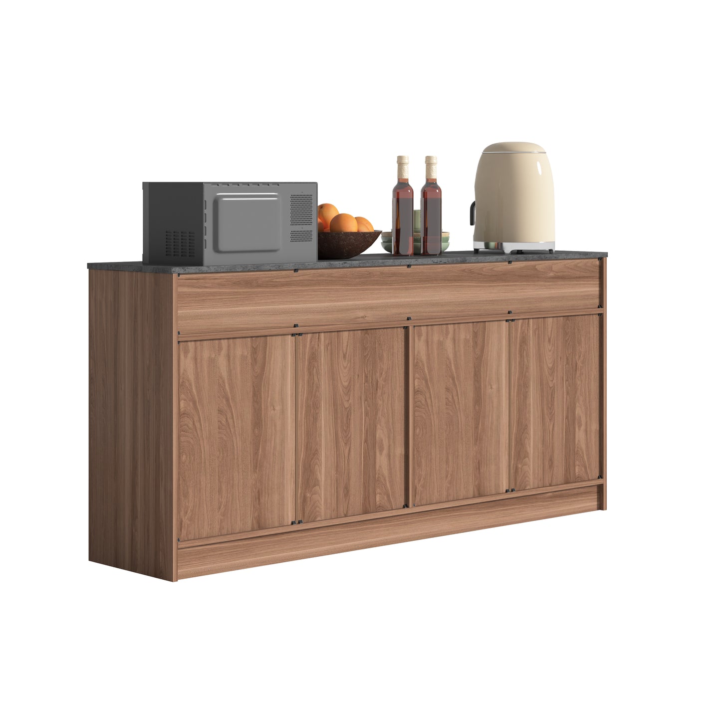 Kitchen Cabinet Sideboard With 3 Drawers & Adjustable Shelves, 160cm Kitchen Island With Concrete Look Worktop, Walnut Look, 76.5x160x37cm