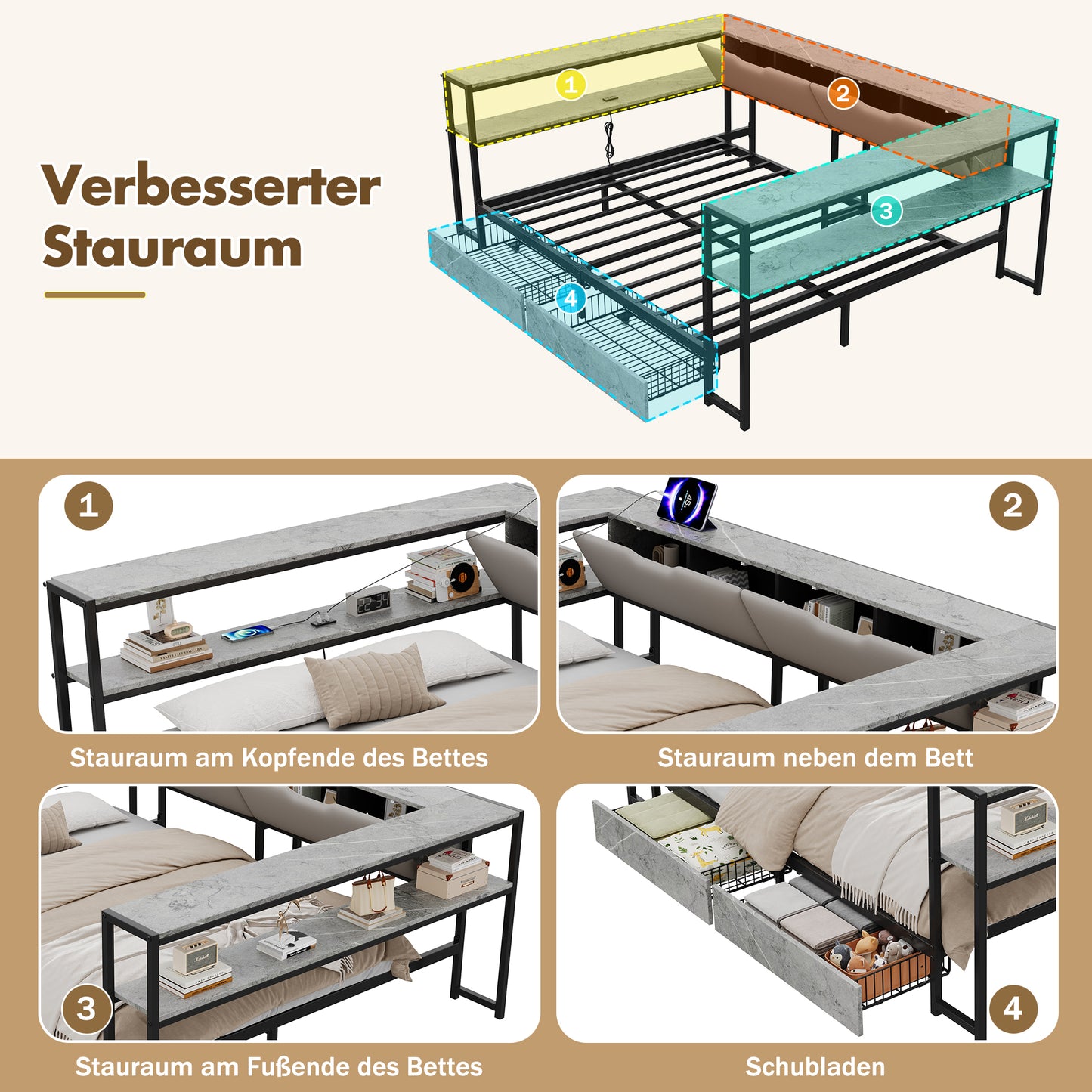 Upholstered Bed Sofa Bed Daybed 140x200 With USB&Typec Charging Station, Daybed, Youth Bed With 2 Drawers And Metal Slatted Base, Concrete Colour