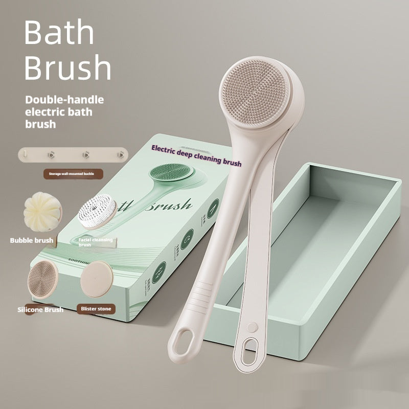 Electric Dual-Handle Bath Brush With Long Handle Detachable For Face Washing And Back Scrubbing