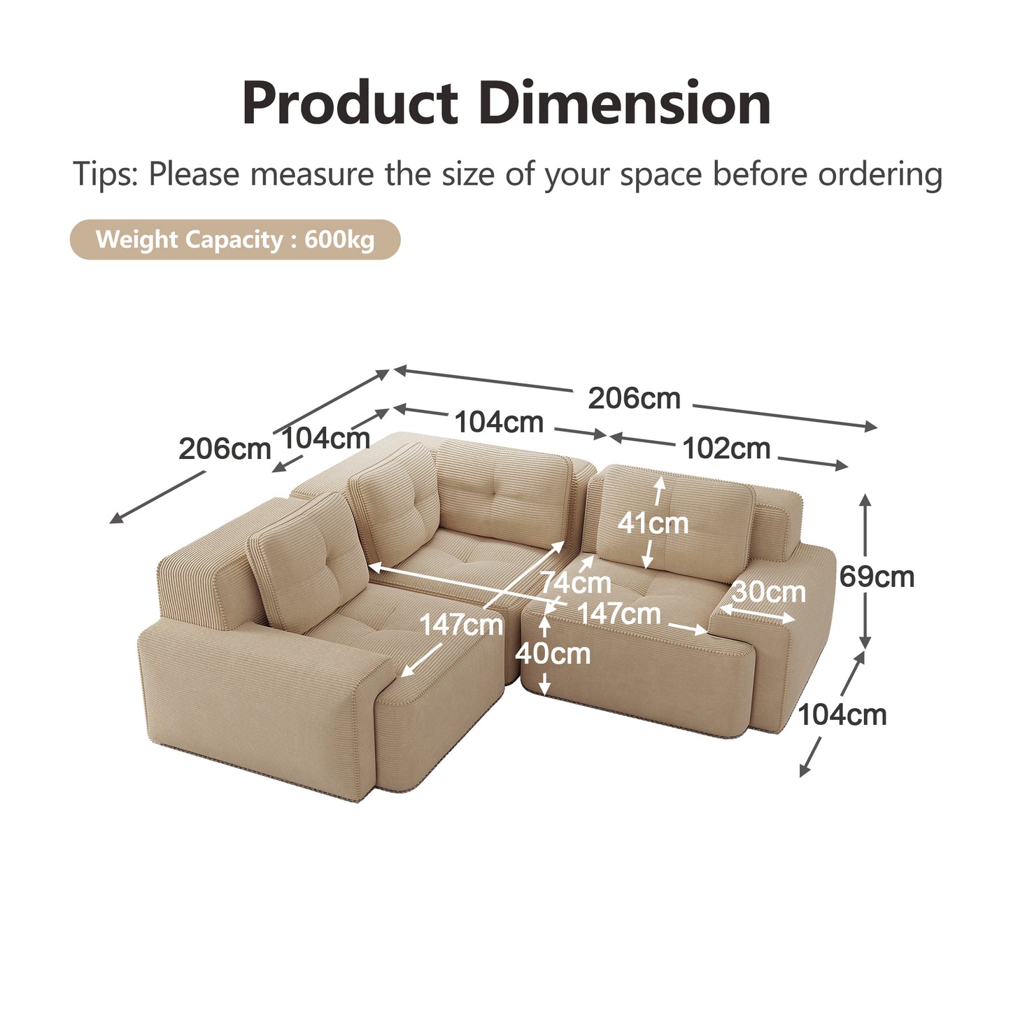 Frameless Sofa For Living Room, Office Sofa, Modular Combination Sofa, Comfortable Upholstered Low Seat Sofa In Corduroy, No Assembly Required, Non-slip Design.Beige