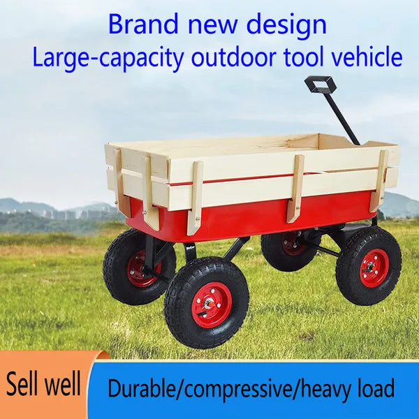 Outdoor Sport Wagon Tools Cart Wooden Side Panels Air Tires Wagon - Red
