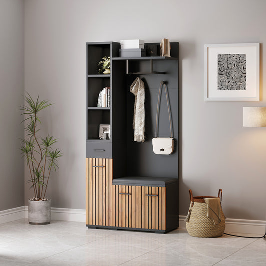 N625P313944945Z 80x35x175cm Compact Coat Racks,Home, Storage Cabinet With 2 Coat Hooks,Wardrobe Set Entrance Cabinet, Coat Rack With Shoe Bench,Upholstered Wardrobe,Black  Wood Color