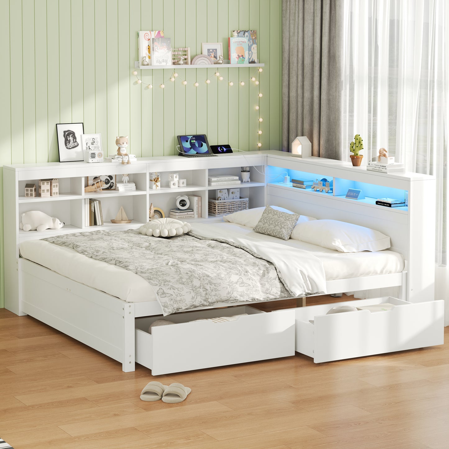 4ft6 Double Daybed With Two Storage Drawers And Beside Storage, LED Modern Bed Frame With Charging Station, Wood Bed For Living Room Bedroom Study Room, 135X190cm, Easy Assembly, White  No Mattress