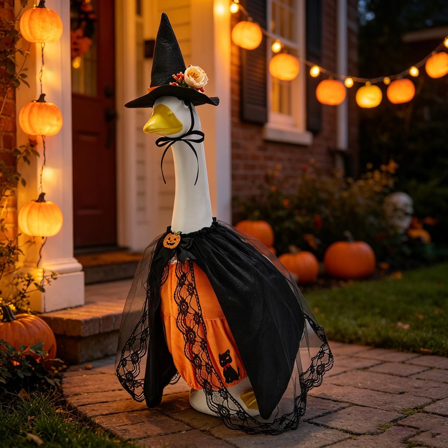 Halloween Porch Goose Outfits, Pumpkin Witch Black Cat Dress With Hat For 23'' Lawn Cement Plastic Goose Cute Porch Goose Outfit For Outdoor Garden Yard Decor
