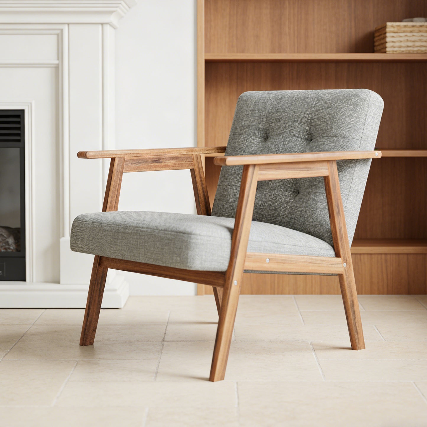 Modern Accent Chair With Walnut Finish Thick And Comfy Seat Cushion Upholstered Living Room Lounge Arm Chair For Bedroom Office Light Grey