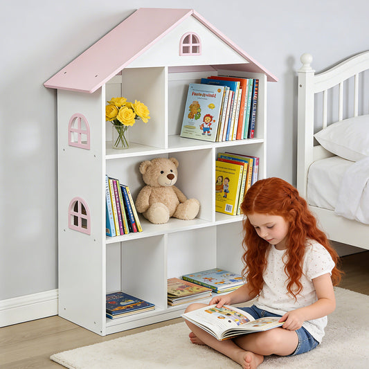 Wooden Dollhouse Bookshelf 3 Tier Bookcase Kids Books Toys Storage Organizer Children Bedroom Playroom Kindergarten Educational Toy TY10101 Pink White