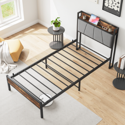 Twin Size Bed Frame, Storage Headboard With Charging Station, Solid And Stable, No Box Spring Needed, Easy Assembly