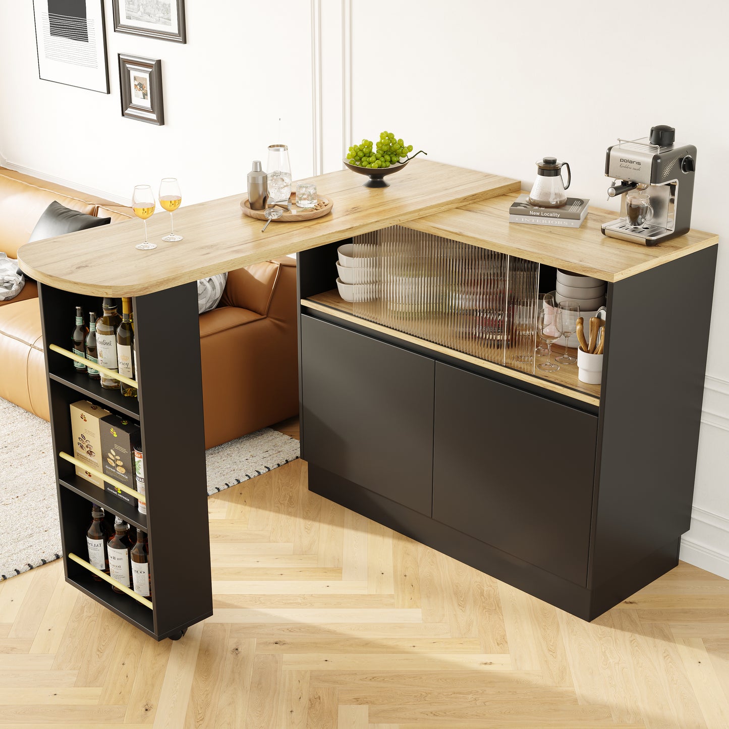 360 Swivelling Dining Bar  Main Body 90 X 45 X 100 Cm , Black, Modern, Simple, Multifunctional, Swivelling Sideboard With Shelves And Glass, Suitable For Kitchens And Restaurants