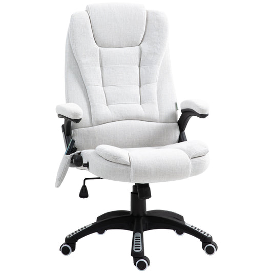 Vinsetto Massage Recliner Chair Heated Office Chair With Six Massage Points Linen-Feel Fabric 360° Swivel Wheels Cream White