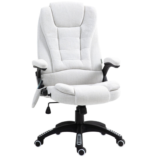 Vinsetto Massage Recliner Chair Heated Office Chair With Six Massage Points Linen-Feel Fabric 360° Swivel Wheels Cream White