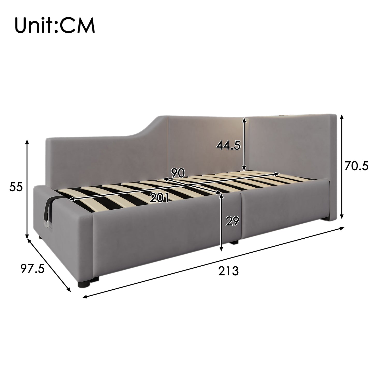 Upholstered Bed Daybed Daybed 90x200cm, Sofa Bed With Hydraulic Storage, Reading Light Function And USB-C Charging Function, Children's Bed Bed Frame With Wooden Slatted Frame, Velvet, Grey
