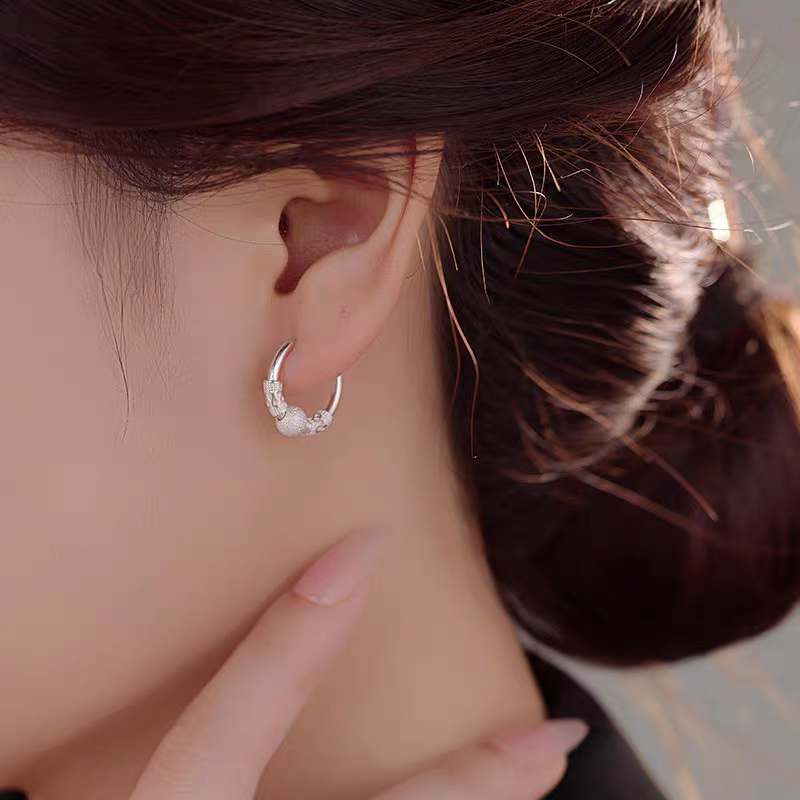 1 Pair 999 Sterling Silver Matte Bead Hoop Earrings, Retro Lucky Style, Perfect For Daily Wear And Valentine's Gift