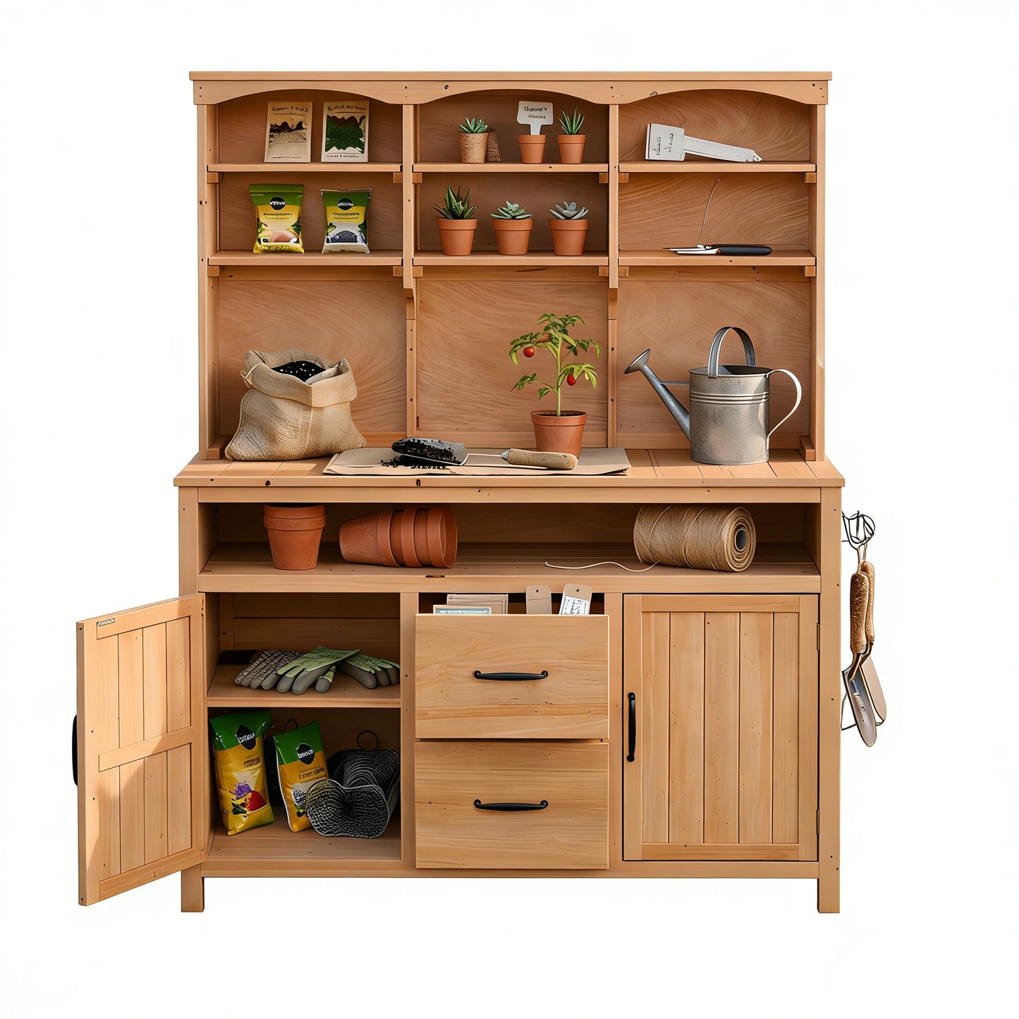 With Assembly Video TOPMAx Large Fir Wood Potting Bench 45.3 L Multi- Functional Outdoor Patio Kitchen Island With Hutch  Cabinets Drawers & Hooks  Large Countertop For Gardening  Grill  Natural Wood