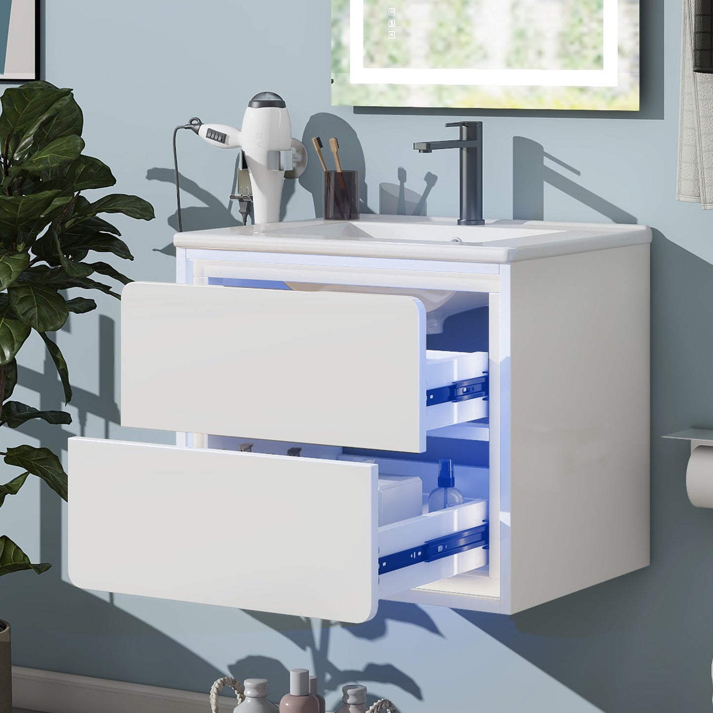 60x46x50cm Wall Mounted Bathroom Cabinets, Full Finish, LED  Sensor Lighting, Two Drawers, Quiet Slide Rails, Vanity Unit, Integrated Sink, White
