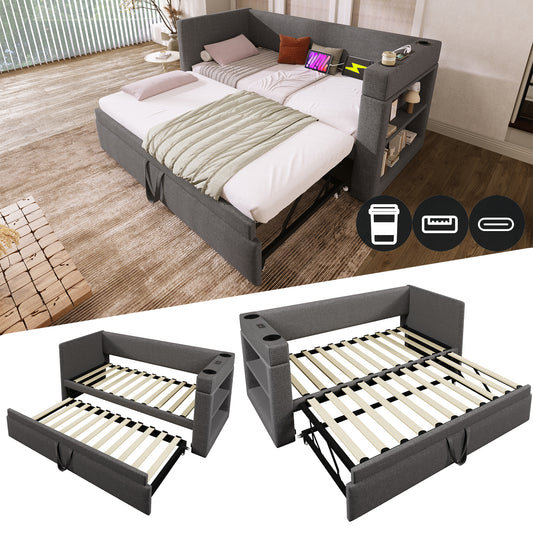 Upholstered Daybed 90x190 Cm, Single Bed Sofa Bed With Pull-out Bed, Armrests With USB & Type-C Charging Port And Cup Holder, Linen Blend, Grey, Without Mattress.