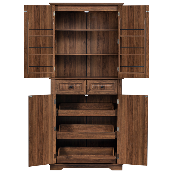 71inch Tall Kitchen Pantry Cabinet With 3 Pull Out Cabinet Organizers, Farmhouse Embossed Texture Storage Cabinet With 6 Door Shelves, 2 Drawers, Freestanding Cupboard For Kitchen, Dining Room Brown