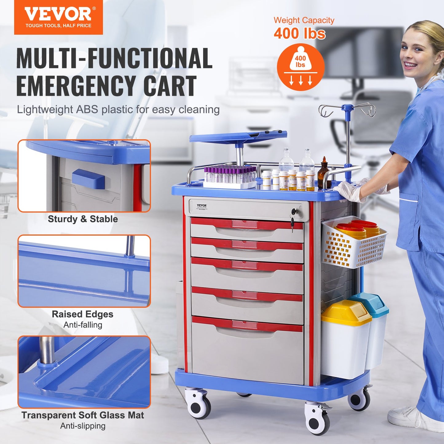5 Tiers Lab Carts Mobile Medical Cart With 5 Drawers & 2 Trash Cans Blue, Trolley Storage Cart With PP Material, Lab Rolling Cart With 4 Silent Wheels For Lab, Clinic, Hospital, Salon, Office, Bule