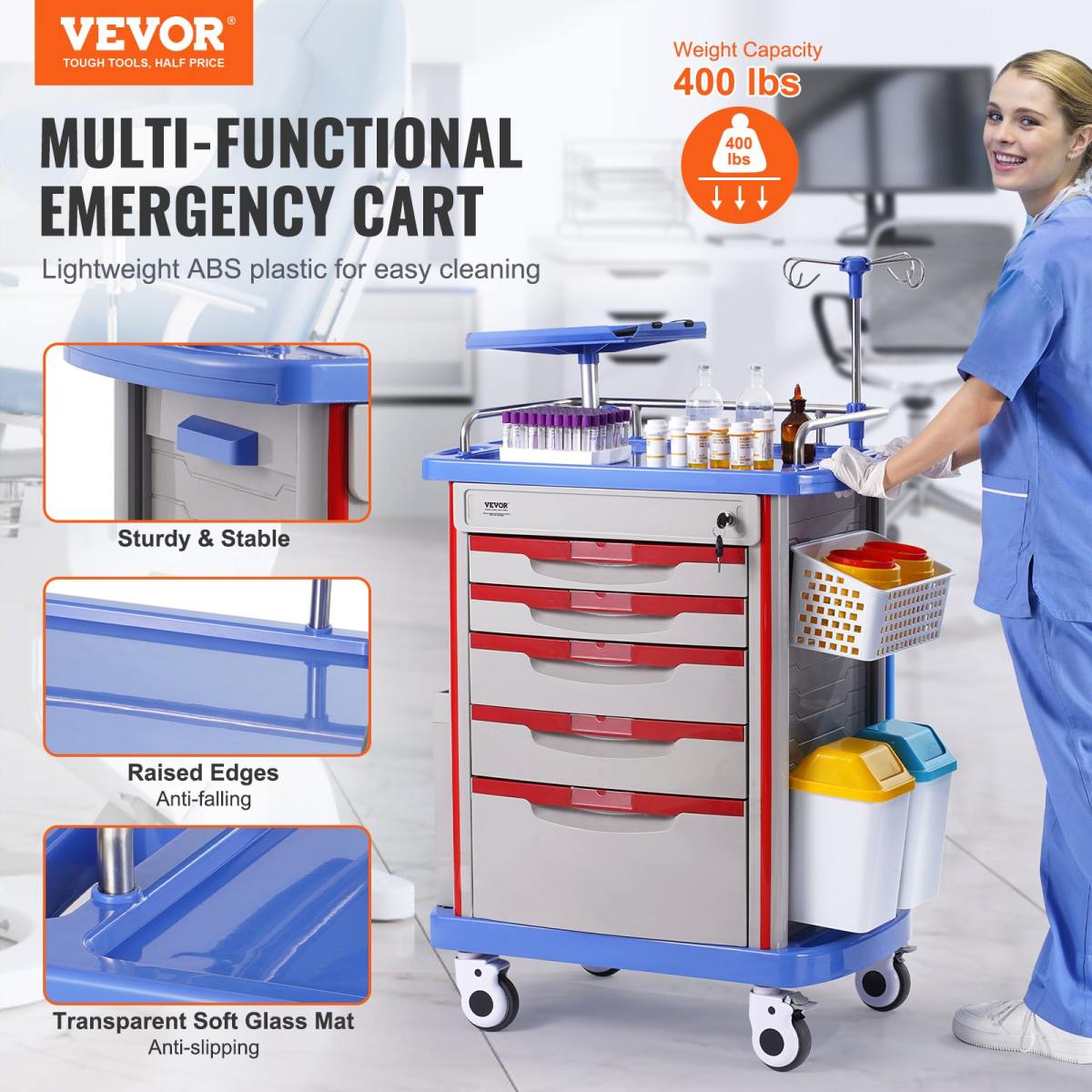 5 Tiers Lab Carts Mobile Medical Cart With 5 Drawers & 2 Trash Cans Blue, Trolley Storage Cart With PP Material, Lab Rolling Cart With 4 Silent Wheels For Lab, Clinic, Hospital, Salon, Office, Bule