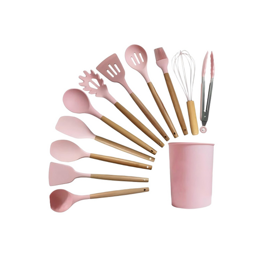 Kitchen Utensil Set 12 PCS Silicone Cooking Tools With Wooden Handle, Cooking Utensils Set Heat Resistant & Non-Scratch For Nonstick Pans, Utensil Set Includes Spatula, Spoon & Tongs, Kitchen Accessor
