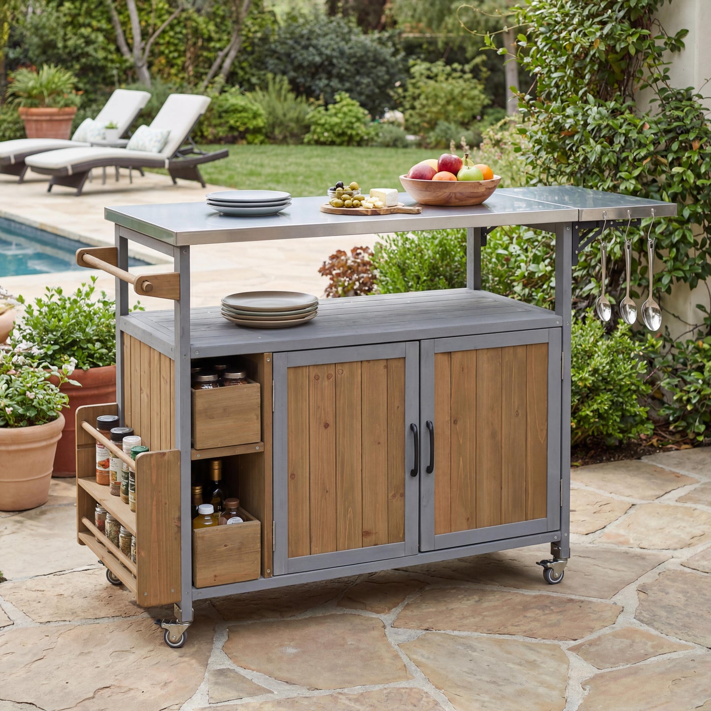 54.33  Farmhouse Rolling Outdoor Kitchen Cart, Solid Wood Frame With Stainless Steel Top, Spice Rack, Towel Rack, Lockable Wheels & Multi-Functional Storage For Patio,  BBQ & Kitchen