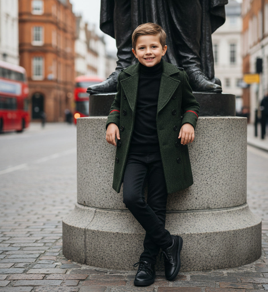 Boys Black Smart Casual Cashmere Coat Green Military Style Woolen Jacket  3-9Y