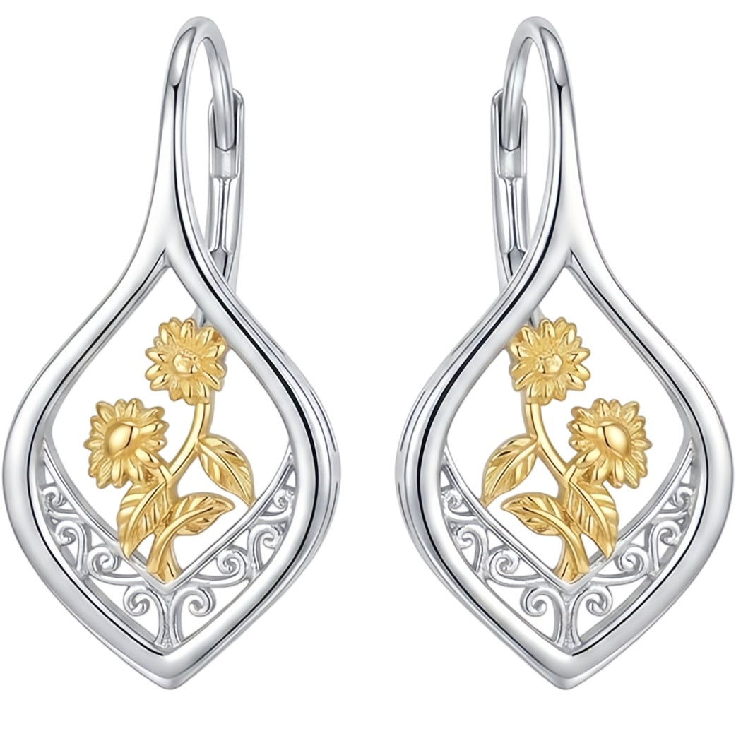 Sunflower Earrings 925 Sterling Silver Filigree 18K Gold Plated Leverback Hoop Dangle Earrings Sunflower Jewelry Gift for Women