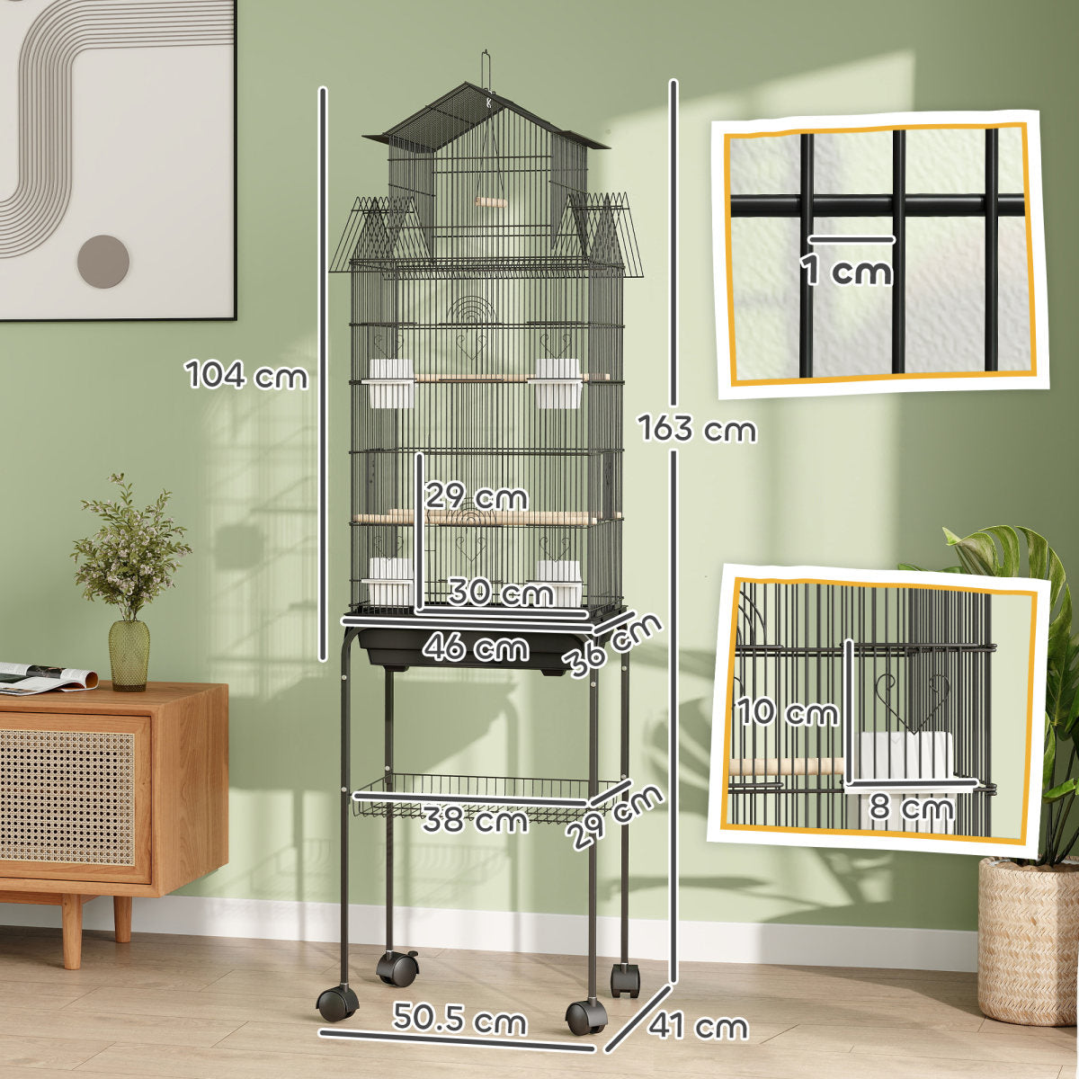 PawHut Metal Bird Cage With Plastic Swing, Perch, Food Container, Tray, Handle, For Finches, Canaries, Budgies, 43 X 32.5 X 163