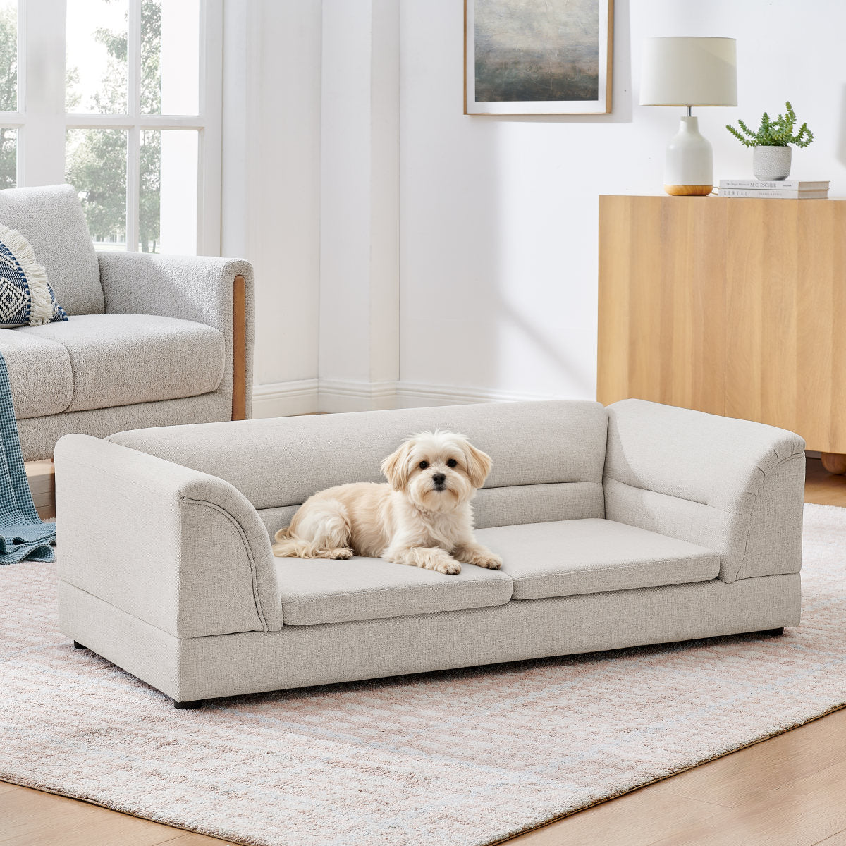 Oversized Pet Sofa, Curved Armrest Rectangular Dog Sofa, Linen Fabric Comfort Pet Couch for Large & Oversized Dogs-Beige