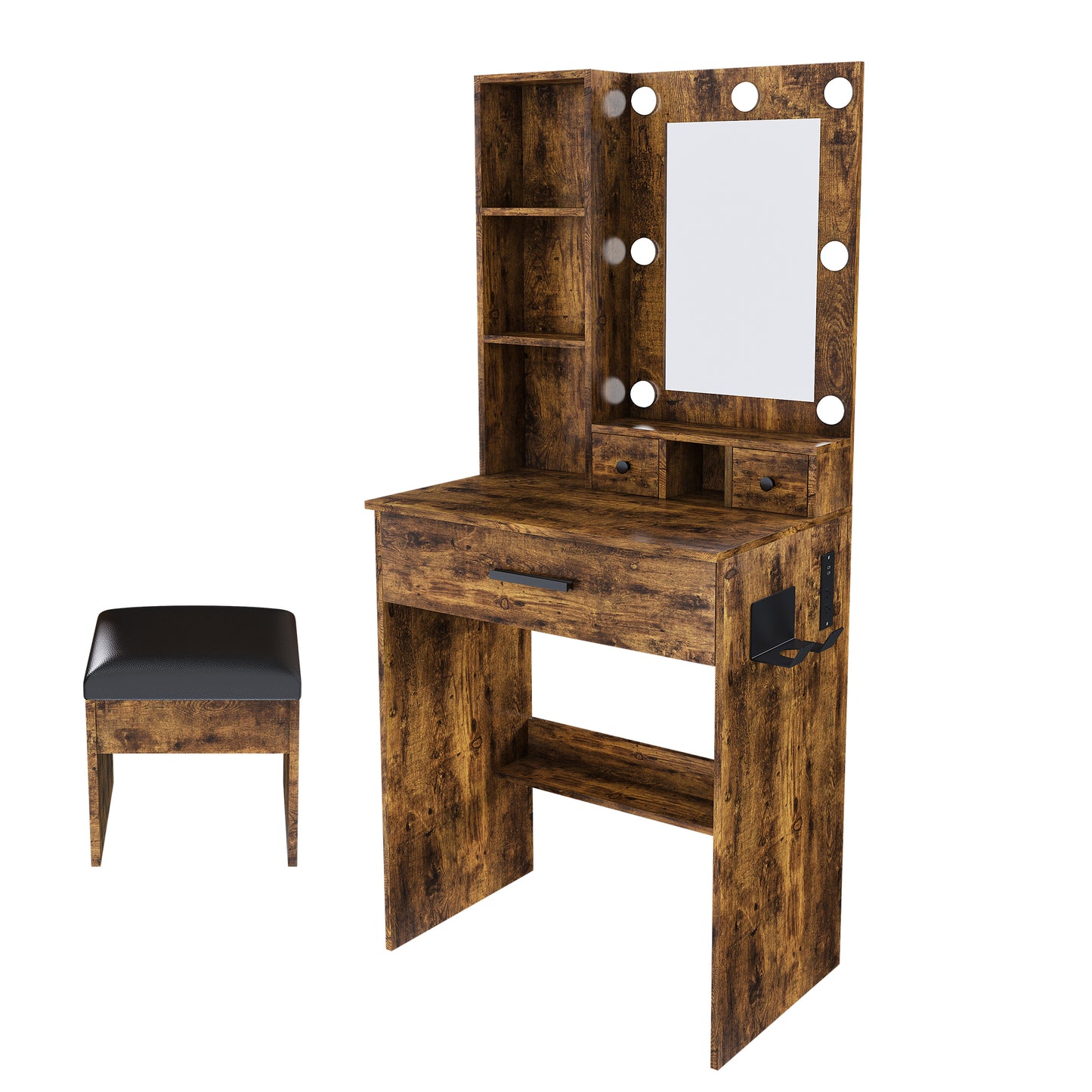 Vanity Table With Mirror & Adjustable LED Lights, Power Outlet, Hairdryer Holder & Stool -Compact Dressing Desk For Small Bedrooms Vintage