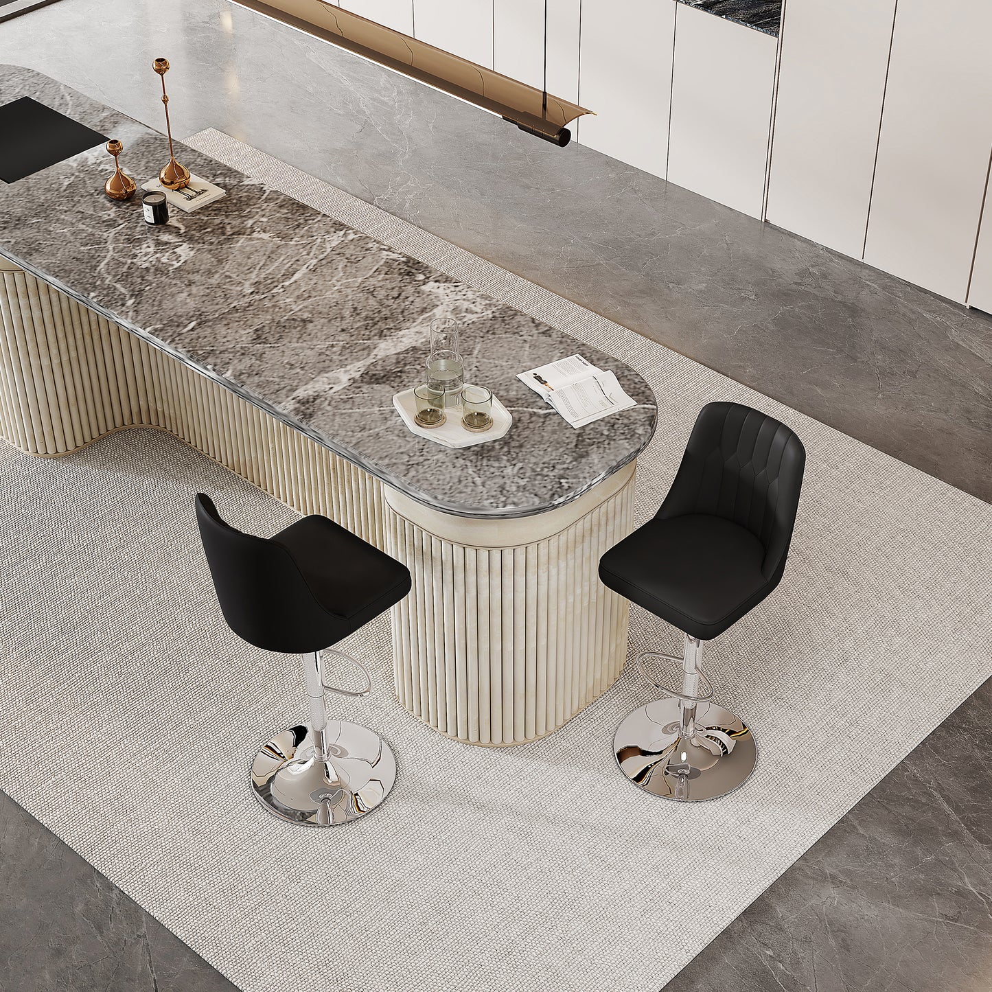 Height-adjustable Bar Stool In Set Of 2, 360 Swivel, Backrest With Black PU Leather And Quilted Pattern, Legs Made Of Silver Metal. Suitable For Kitchen Islands And Bar Counters.
